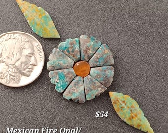 Genuine PatagoniaTurquoise/ Mexican Fire Opal Daisy. 11pc Set. Handmade. Backed and stabilized. #1179