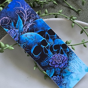 Schädel und Rosen Lesezeichen | Blumen Lesezeichen | Gothic Lesezeichen | Blaues Lesezeichen | Lesezeichen Lesezeichen|