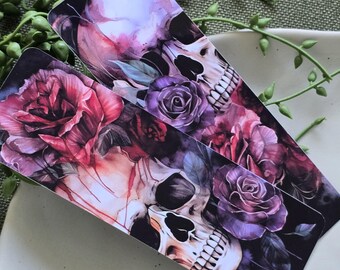 Marque-page floral têtes de mort et roses | Marque-page floral | Marque-page gothique | Marque-page foncé | Marque-page romantique |