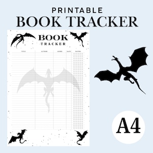 Könnte beinhalten: Druckbarer Buchtracker mit einem Drachen-Silhouetten-Design. Der Tracker hat Spalten für Titel, Autor, Genre, Datum und Bewertung. Die Bewertungsspalte verwendet ein 5-Sterne-Bewertungssystem.