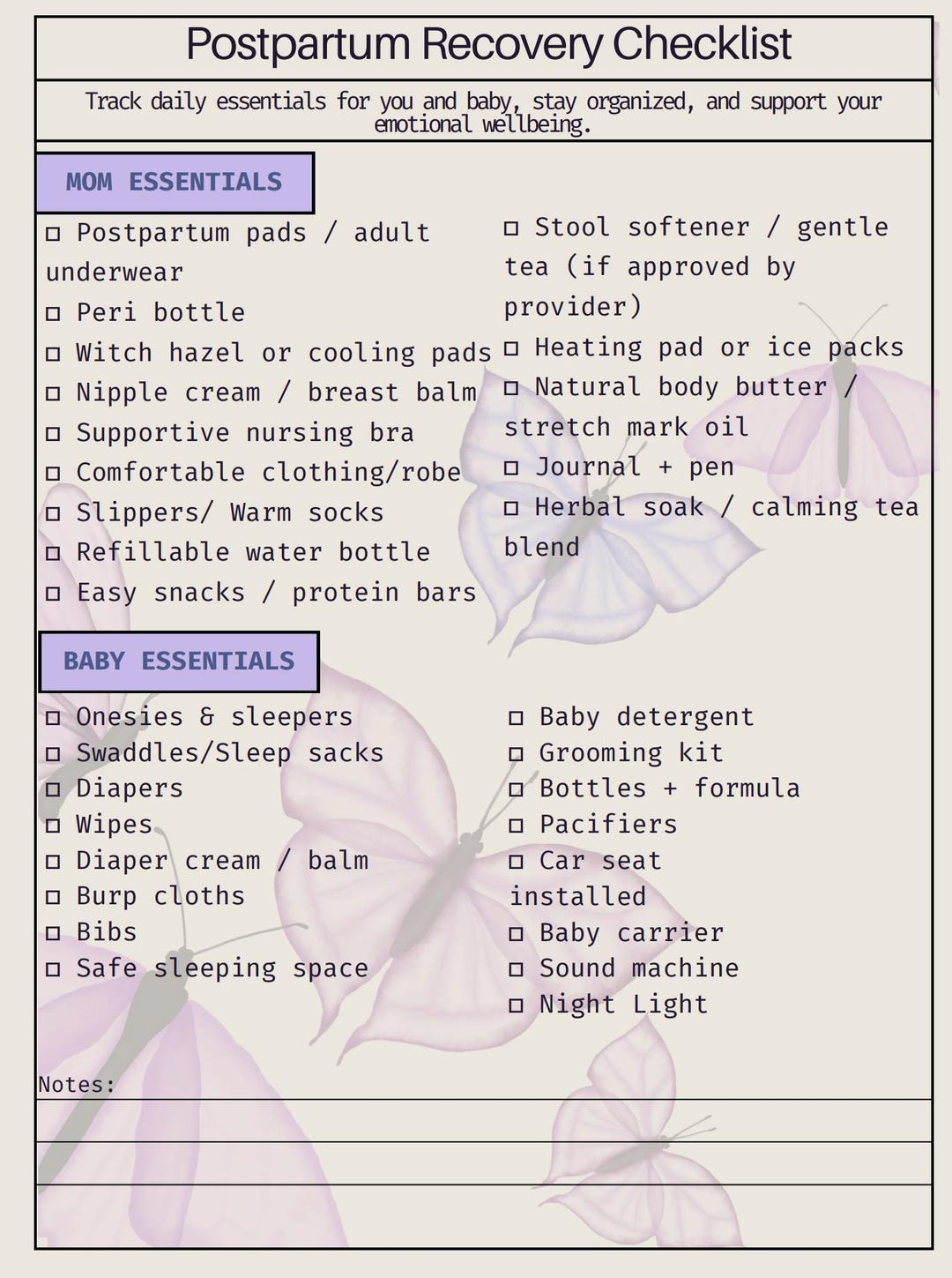 Postpartum Recovery Checklist | Self-care Printable for New Moms ...