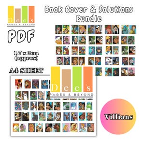 Op de afbeelding: Een bundel cartoonkarakterafbeeldingen, gelabeld met "Book Cover & Solutions Bundle" en "Villians". De afbeeldingen zijn gerangschikt op een A4-vel, met de tekst "PDF" en afmetingen van 1,7 x 3 cm (ongeveer). Het logo "Dee's PAGES & BEYOND" is ook zichtbaar.