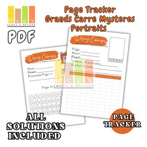 May include: PDF page tracker for Disney Coloriages Grands Carre Mysteres Portraits. The white pages have orange accents and include sections for tracking pages, start and finish, and favourite pages. The text "All Solutions Included" is also visible.