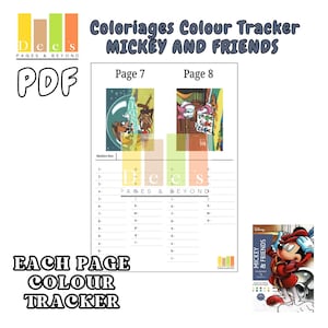 Op de afbeelding: Een PDF kleurtracker met illustraties van Mickey en zijn vrienden op pagina's 7 en 8. Het ontwerp bevat een kleurensleutel en de tekst "Coloriages Colour Tracker MICKEY AND FRIENDS" en "EACH PAGE COLOUR TRACKER".
