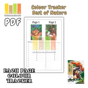 以下が含まれることがあります： 「Colour Tracker Best of Nature」というタイトルのPDFぬりえ本。2ページにイラストが描かれています。ページには漫画のキャラクターとカラーキーが描かれています。表紙にはキツネと犬が描かれています。「Each Page Colour Tracker」というテキストも表示されています。