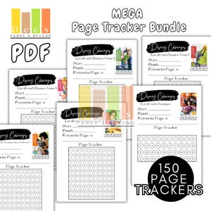 May include: A collection of printable PDF page trackers with Disney designs. Each tracker has space to record start and finish pages, and a favourite page. The bundle includes 150 page trackers.