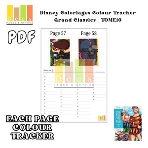 Grand Classics Tome  Colour Tracker 10- A 100-page printable PDF designed for organising acrylic markers and tracking colours for Disney Colour By Number Grand Classics Tome 10. Features a clean, simple layout, perfect for Disney colouring.