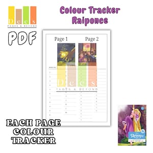 May include: A PDF colour tracker featuring images from the film "Rapunzel." The document includes two pages with colour-coded sections and a marker key. The text "Dees Pages & Beyond" and "Each Page Colour Tracker" are also visible.