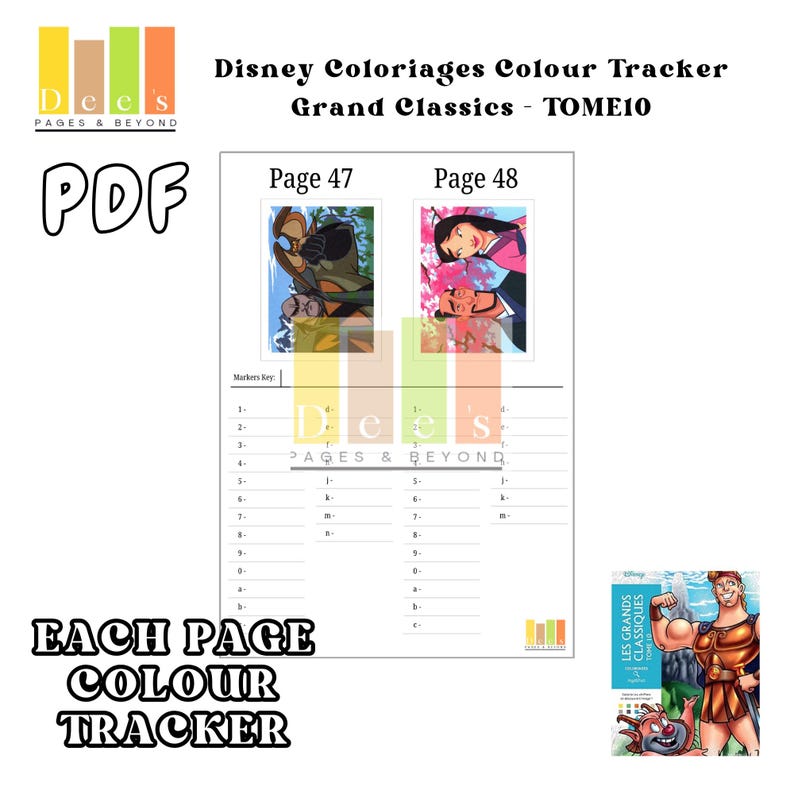 Grand Classics Tome  Colour Tracker 10- A 100-page printable PDF designed for organising acrylic markers and tracking colours for Disney Colour By Number Grand Classics Tome 10. Features a clean, simple layout, perfect for Disney colouring.