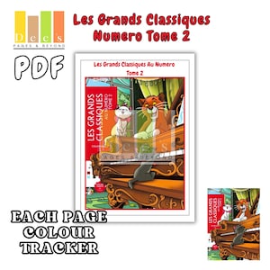 Könnte beinhalten: Ein digitales PDF-Malbuch-Cover mit dem Titel Les Grands Classiques Numero Tome 2, das eine farbenfrohe Illustration von drei Katzen zeigt, die auf einem Flügel spielen. Der Text enthält den Titel und den Markennamen Dees Pages and Beyond.