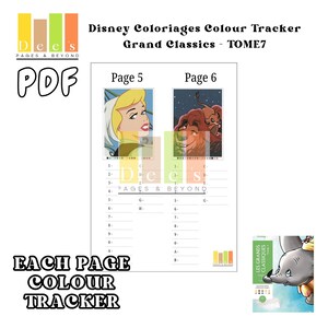 Puede incluir: Una página de colorear PDF imprimible con Cenicienta y Simba de las películas animadas clásicas de Disney. La página incluye un rastreador de colores para ayudar a llevar un registro de los colores utilizados.