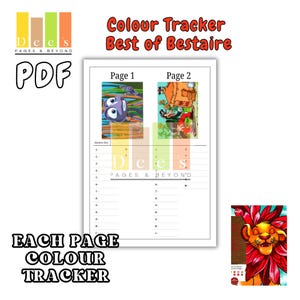 May include: A PDF document labelled "Colour Tracker Best of Bestaire" with two illustrated pages. Page 1 shows a cartoon character, and page 2 depicts a colourful scene. The document includes a colour tracker and the text "Each Page Colour Tracker."