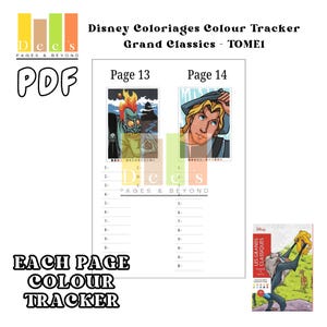 Może przedstawiać: Śledzenie kolorów książki do kolorowania Disneya w formacie PDF z obrazami z Grand Classics Tome 1. Strony 13 i 14 są pokazane z ilustracjami postaci. Widoczny jest również tekst "Each Page Colour Tracker".