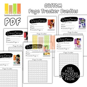Könnte beinhalten: Eine Sammlung druckbarer PDF-Seitentracker-Bundles mit Disney-Themen. Jeder Tracker enthält Felder für Start und Ende sowie einen Abschnitt zum Markieren der Lieblingsseiten. Das Bild enthält den Text "150 Page Trackers to Choose From."