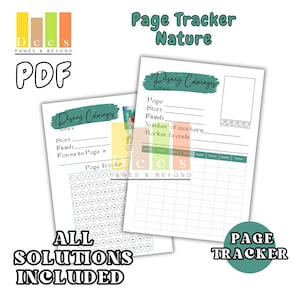 Könnte beinhalten: Zwei weiße PDF-Seiten mit dem Text "Page Tracker Nature" und "Disney Coloriages Nature". Eine Seite hat ein Raster aus Kreisen, die andere Linien zur Verfolgung. Die Worte "All Solutions Included" sind ebenfalls sichtbar.