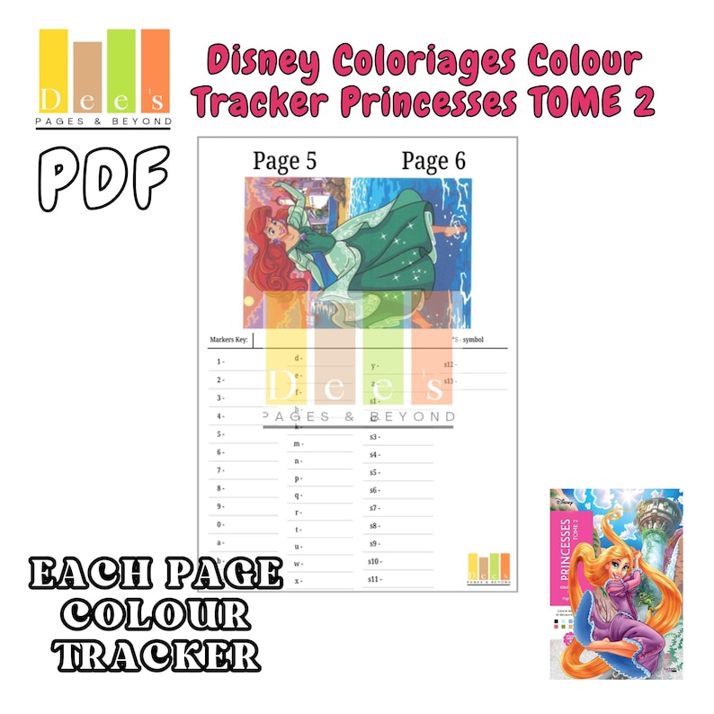 Disney colour by number printable featuring Disney Princesses Tome 2, 100-page PDF digital download for tracking colouring the Disney Coloriages Colour By Number Books.