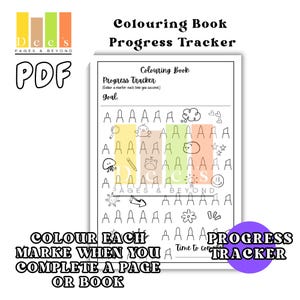 May include: A black and white printable colouring book progress tracker with a goal of 30 pages. The tracker features a variety of cute illustrations, including a cloud, a chick, a cat, a jellyfish, a pencil, a sun, a flower, and a smiley face. Colour each marker when you complete a page or book.