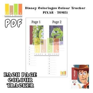 Puede incluir: Un documento PDF titulado "Disney Coloriages Colour Tracker" con personajes de Pixar. El documento incluye páginas para colorear con imágenes de Mike Wazowski y otros personajes. El documento también incluye el texto "Dees Pages & Beyond".