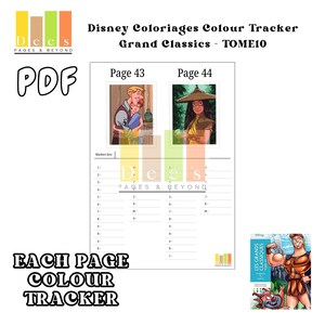 Grand Classics Tome  Colour Tracker 10- A 100-page printable PDF designed for organising acrylic markers and tracking colours for Disney Colour By Number Grand Classics Tome 10. Features a clean, simple layout, perfect for Disney colouring.
