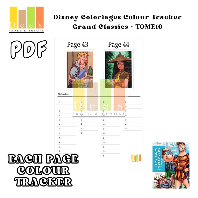 Grand Classics Tome  Colour Tracker 10- A 100-page printable PDF designed for organising acrylic markers and tracking colours for Disney Colour By Number Grand Classics Tome 10. Features a clean, simple layout, perfect for Disney colouring.