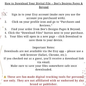 May include: A white document with black text provides instructions on how to download digital files from Etsy. The text includes numbered steps, important notes, and a disclaimer about fan-made tools.