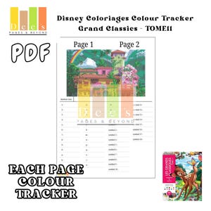 May include: A PDF document titled "Disney Coloriages Colour Tracker Grand Classics - TOME11" with a colorful illustration of a building and a rainbow. The document includes a colour tracker and the text "Each Page Colour Tracker."