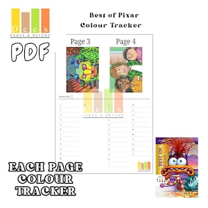 May include: A printable PDF colouring book page featuring characters from Pixar movies. The page includes a colour chart and a key for each colour. The page is titled "Best of Pixar Colour Tracker" and includes the words "Each Page Colour Tracker".