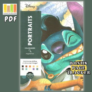 Può includere: Un libro da colorare Disney "Portraits" con Stitch che suona la chitarra. La copertina presenta il testo "PORTRAITS" e "COLORIAGES mystères". Il libro include un bonus page tracker ed è un PDF. L'immagine ha uno schema di colori verde e blu.