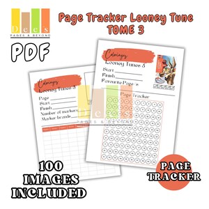 Könnte beinhalten: Zwei weiße PDF-Seiten mit Looney Tunes 3 Malvorlagen-Trackern. Die Seiten enthalten den Text "Page Tracker", "100 Bilder enthalten" und "Coloriages Looney Tunes 3". Die Seiten haben ein rotes, orangefarbenes, gelbes und grünes Farbschema.