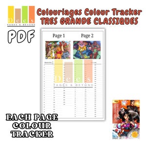 Peut inclure: Un suivi de coloriage PDF avec le texte "Colouriages Colour Tracker TRES GRANDE CLASSIQUES". Le suivi comprend des images de films Disney. Le texte "PDF" et "EACH PAGE COLOUR TRACKER" sont également visibles.