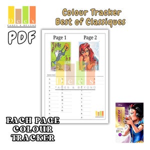May include: A PDF color tracker with the text "Colour Tracker Best of Classiques" and "Each Page Colour Tracker". The tracker features illustrations from Disney movies, including Ariel and Snow White.
