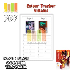 Op de afbeelding: Een PDF-document getiteld "Colour Tracker Villains" met twee pagina's met tekenfilm-schurken. Het document bevat een kleurenvolger en de tekst "Each Page Colour Tracker". Het Dees Pages & Beyond-logo is zichtbaar.