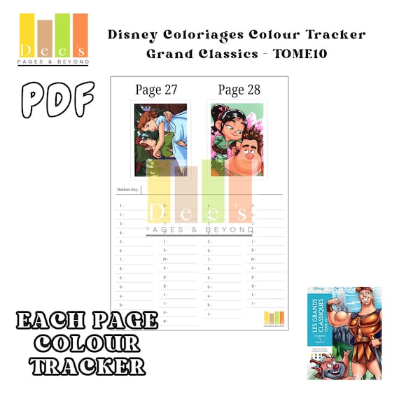 GRAND CLASSICS TOME10, 100 Pages, Printable Colour Tracker, Acrylic Markers, Colour Swatches, Organiser, Disney Colour By Number