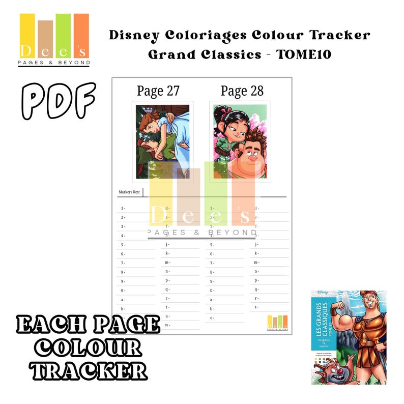 Grand Classics Tome  Colour Tracker 10- A 100-page printable PDF designed for organising acrylic markers and tracking colours for Disney Colour By Number Grand Classics Tome 10. Features a clean, simple layout, perfect for Disney colouring.