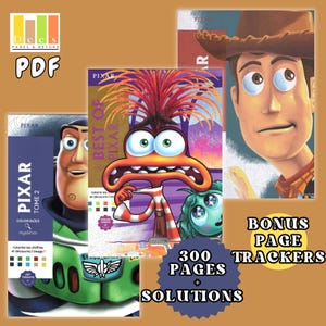 Può includere: Una collezione di libri da colorare Pixar con personaggi come Buzz Lightyear e Woody. Le copertine presentano illustrazioni vivaci e testo, tra cui "BEST OF PIXAR" e "300 PAGES + SOLUTIONS". L'immagine include anche il testo "PDF".