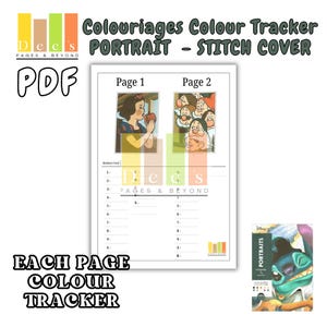 Puede incluir: Un rastreador de color PDF con el texto "Colouriages Colour Tracker PORTRAIT - STITCH COVER". El rastreador incluye imágenes de Blancanieves y los Siete Enanitos. Una pequeña imagen de un personaje de Disney está en la esquina inferior derecha.