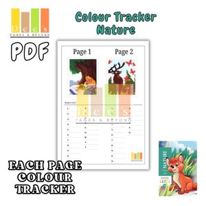 以下が含まれることがあります： 「Colour Tracker Nature」というタイトルの、2 ページにイラストが描かれた印刷可能な PDF カラー トラッカー。 1 ページ目には木の下の女の子、2 ページ目には蝶と鹿が描かれています。「Dees Pages & Beyond」という言葉も表示されています。