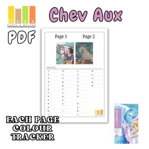 May include: A digital PDF document titled Chev Aux featuring a colour tracker with two illustrated panels showing a person with a horse. The layout includes a markers key with numbered and lettered lines for tracking. A small thumbnail shows a blue horse.
