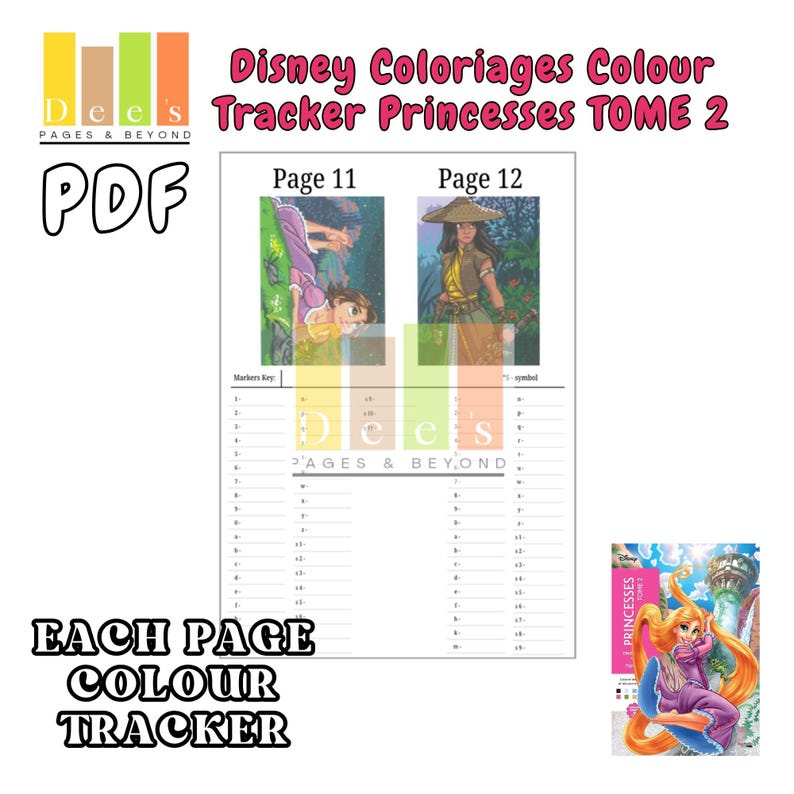 Disney colour by number printable featuring Disney Princesses Tome 2, 100-page PDF digital download for tracking colouring the Disney Coloriages Colour By Number Books.