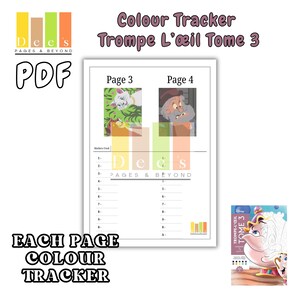 Op de afbeelding: Een PDF-kleurtracker getiteld "Colour Tracker Trompe L'œil Tome 3" met pagina's 3 en 4 weergegeven. De tracker bevat ruimte voor gebruikte markers en de tekst "Each Page Colour Tracker". Een kleurboek is zichtbaar.