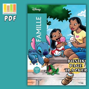 May include: A teal PDF book cover featuring Disney's Lilo & Stitch characters. The word "FAMILLE" is vertically displayed. Stitch, Lilo, and Nani are shown enjoying ice cream. The cover also includes a bonus page tracker.