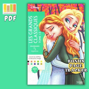 May include: A Disney Frozen-themed coloring book, "LES GRANDS CLASSIQUES TOME 13", with Anna and Elsa on the cover. The book includes the text "Coloriages mystères" and "BONUS PAGE TRACKER". The spine is green and white.