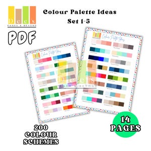 May include: A PDF document with 14 pages of colour palette ideas. The document is titled "Colour Palette Ideas Set 1-5" and features 200 colour schemes.