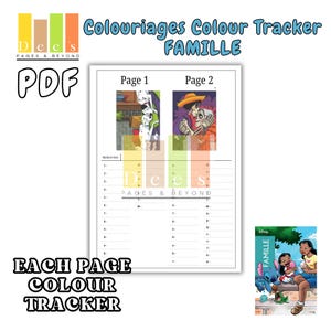 Puede incluir: Documento PDF titulado "Colouriages Colour Tracker FAMILLE" con páginas para colorear. El documento incluye imágenes de "Coco" y "101 Dálmatas" de Disney. También es visible el texto "EACH PAGE COLOUR TRACKER".