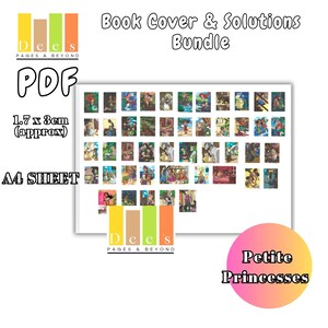 Könnte beinhalten: Ein digitales PDF-Paket mit dem Titel Book Cover & Solutions Bundle, das ein A4-Blatt mit kleinen rechteckigen Bildern verschiedener Prinzessinnen enthält. Die einzelnen Bilder messen ca. 1,7 x 3 cm. Der Text Petite Princesses ist zu sehen.