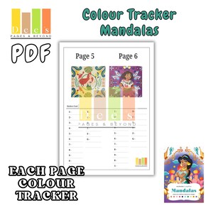 May include: A PDF coloring book with the text "Colour Tracker Mandalas" and "Each Page Colour Tracker". The pages feature colorful mandala designs with color tracking charts. A small book cover shows a cartoon princess.