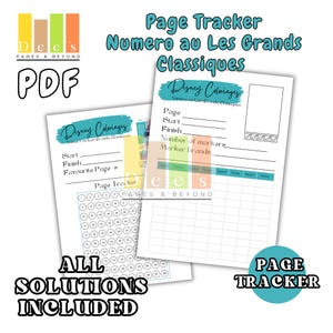May include: Two white PDF pages with text and a teal banner that reads "Disney Coloriages". The pages include a page tracker, a place to write the start and finish page numbers, and a place to track the number of markers and marker brands.