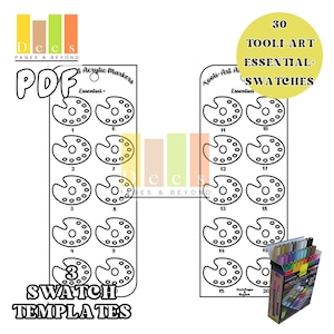 May include: Printable PDF template for swatching 30 essential acrylic markers. The template features 3 columns of 10 paint palette shapes, each with numbered circles for colour swatches.