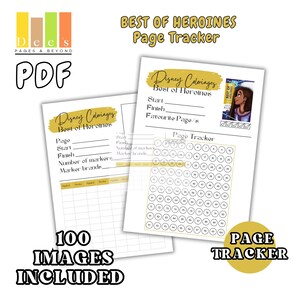 May include: Two white PDF pages with the text "Best of Heroines" and "Page Tracker". One page has a grid of circles for tracking, and the other has lines for notes. The text "100 Images Included" is also visible.