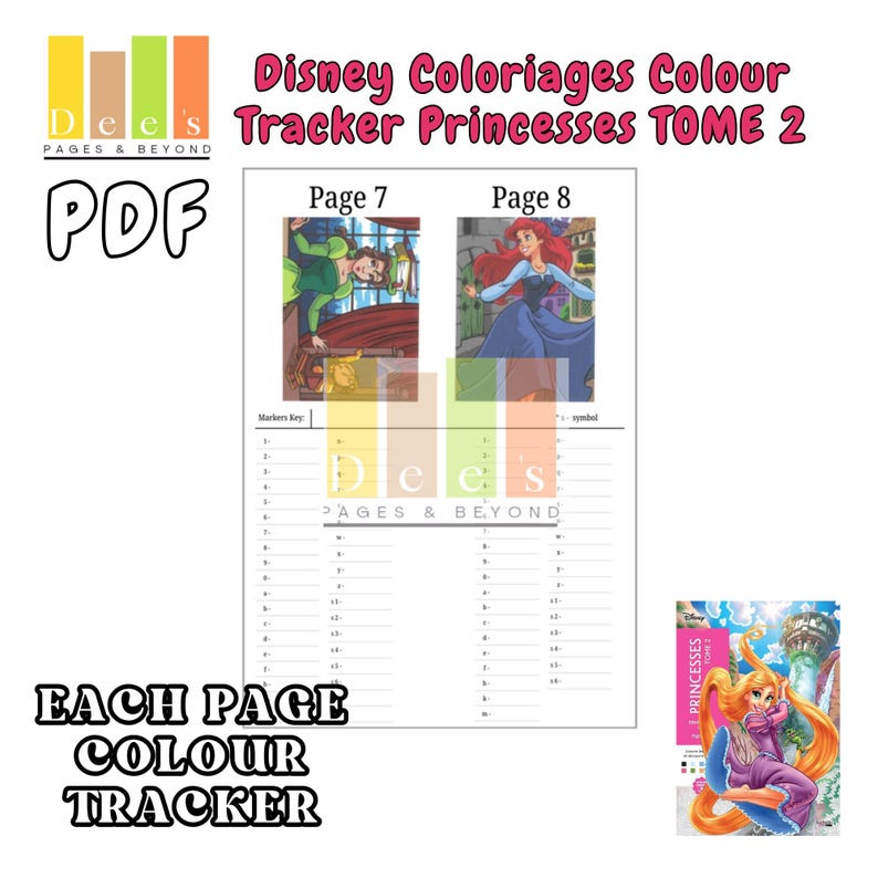 Disney colour by number printable featuring Disney Princesses Tome 2, 100-page PDF digital download for tracking colouring the Disney Coloriages Colour By Number Books.